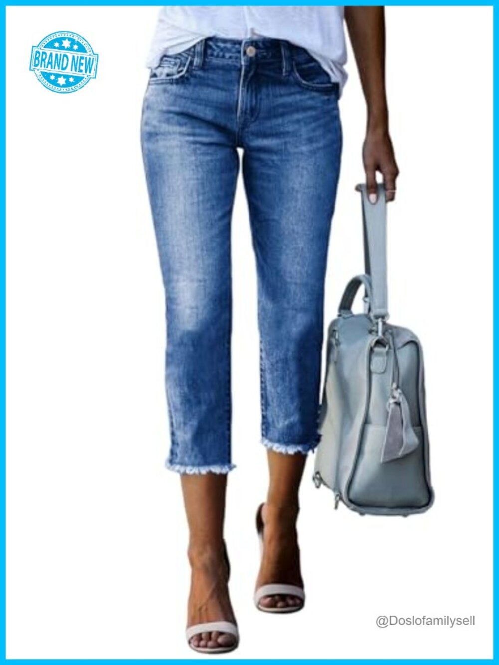 High Waisted Straight Leg Capri Jeans Raw Hem Stretch Denim Pants